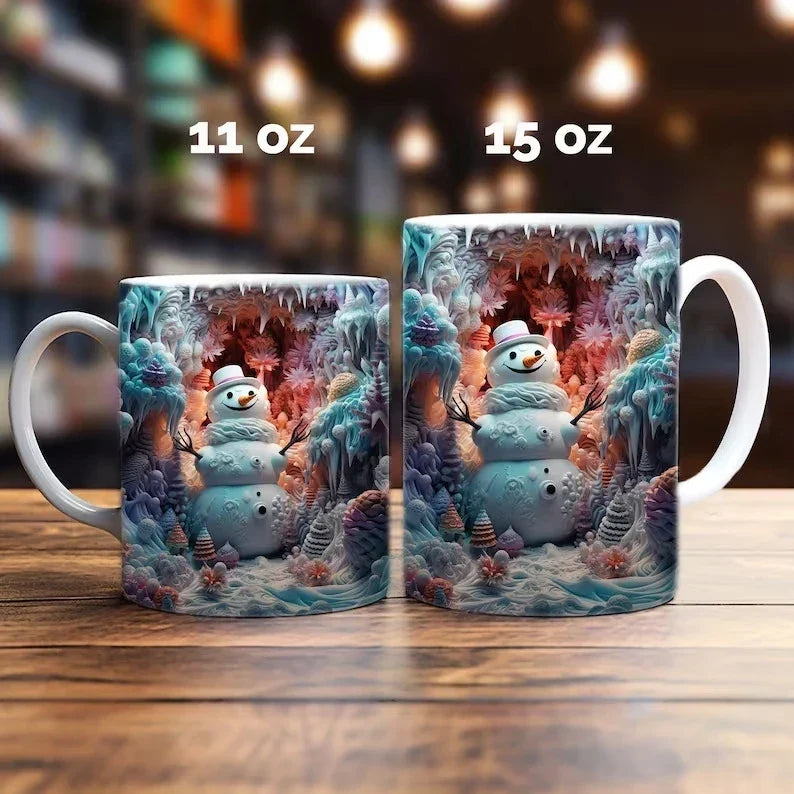 Mug de Noël en céramique avec motif de bonhomme de neige en illusion 3D et anse en C