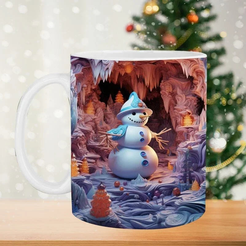 Mug de Noël en céramique avec motif de bonhomme de neige en illusion 3D et anse en C