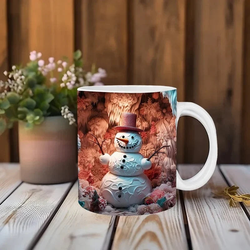 Mug de Noël en céramique avec motif de bonhomme de neige en illusion 3D et anse en C
