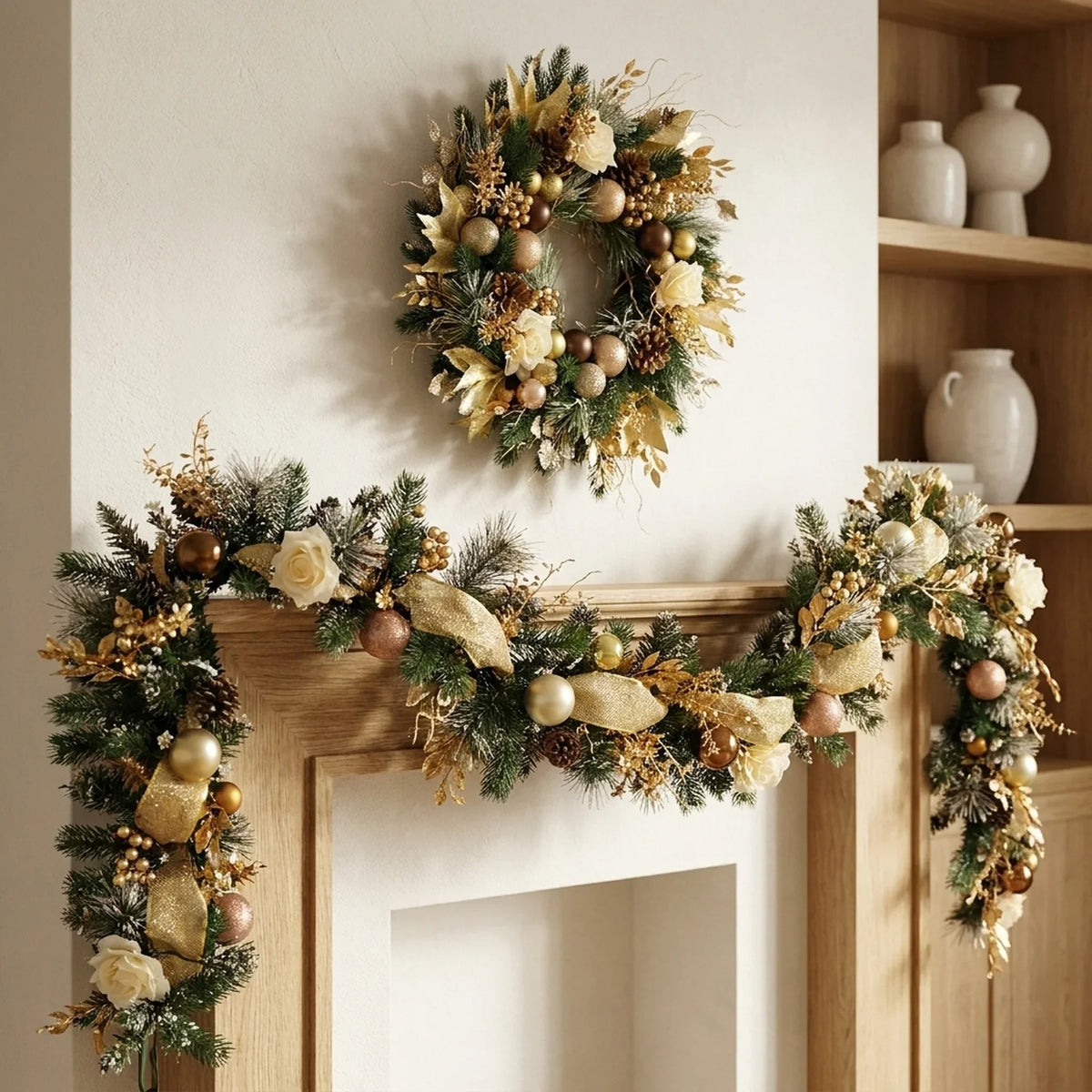 Guirlande de Noël pour cheminée avec décorations, branches de pin artificielles et roses artificielles