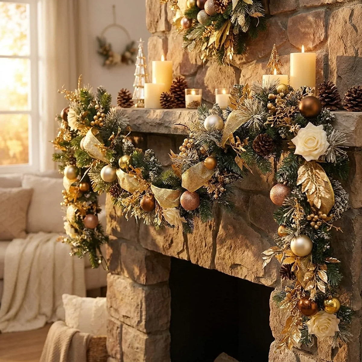 Guirlande de Noël pour cheminée avec décorations, branches de pin artificielles et roses artificielles