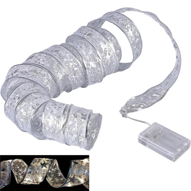 Christmas Ribbon Lights – LED String Lights with Organza Ribbon for Christmas Tree, 6 Styles