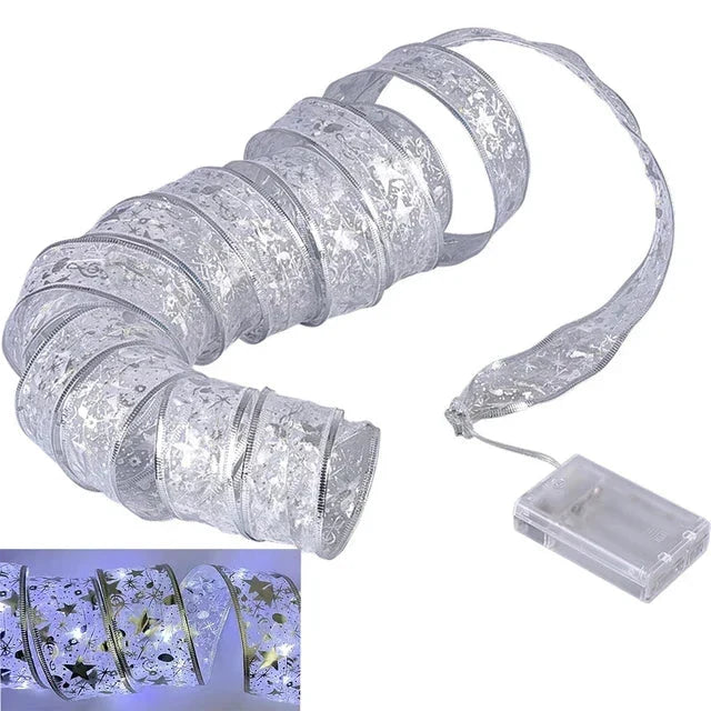 Christmas Ribbon Lights – LED String Lights with Organza Ribbon for Christmas Tree, 6 Styles