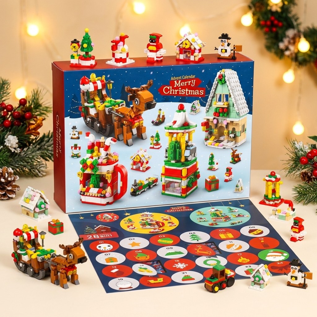 6-in-1 Christmas Building Block Advent Calendar, 28 Doors, Nutcracker, Sleigh or Tree