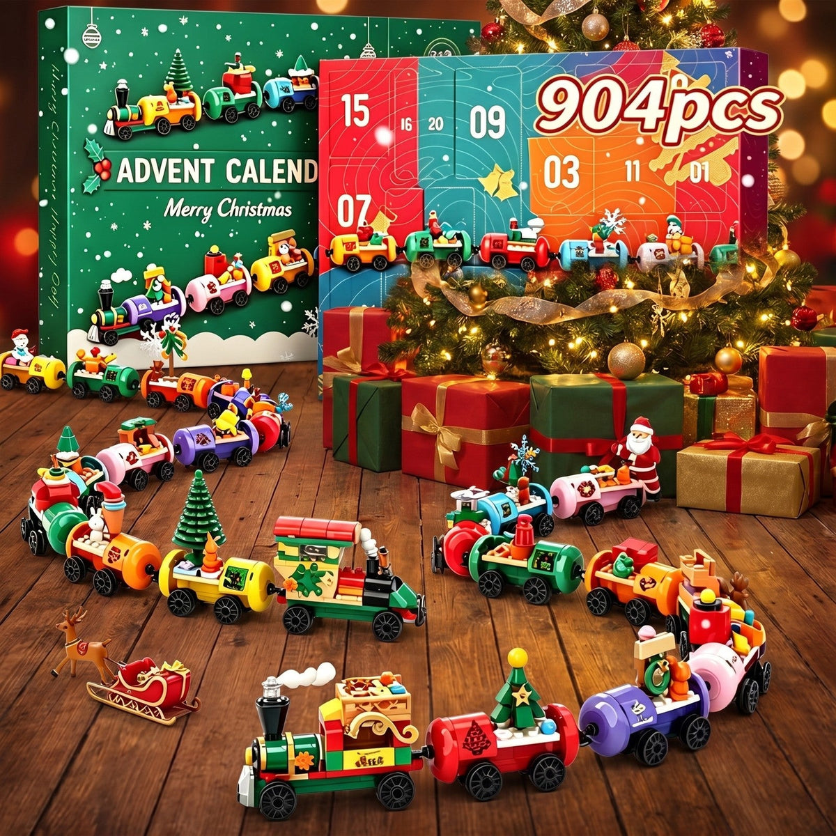 Brick Christmas Train Advent Calendar, 904 Pieces, Engines, Wagons and Reindeer Sleigh