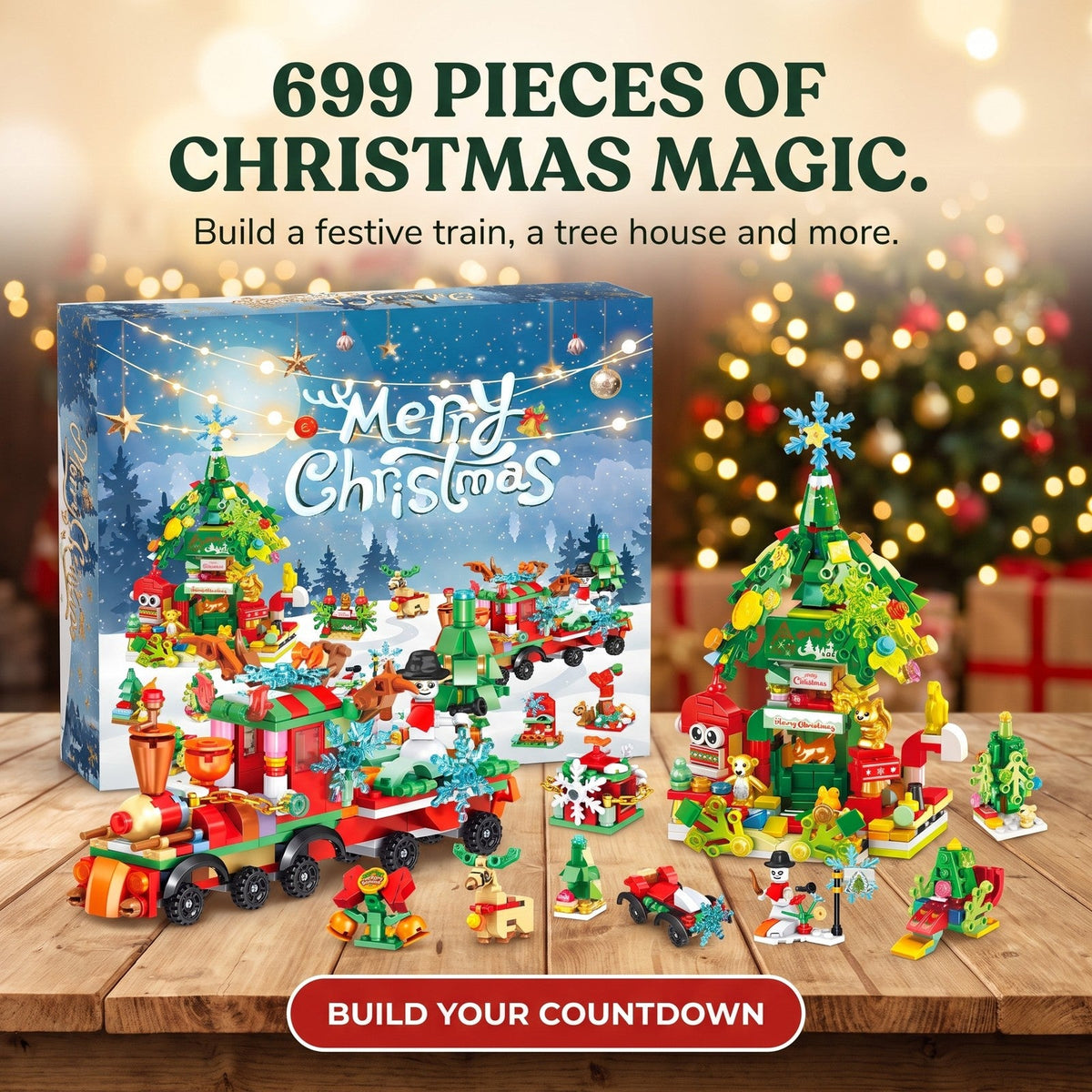 Christmas Brick Advent Calendar, 699 Pieces, Red Train, Tree House and Extras