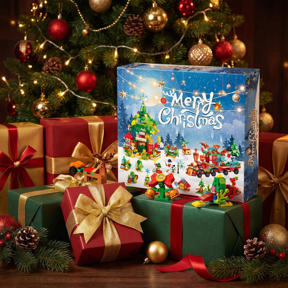 Christmas Brick Advent Calendar, 699 Pieces, Red Train, Tree House and Extras