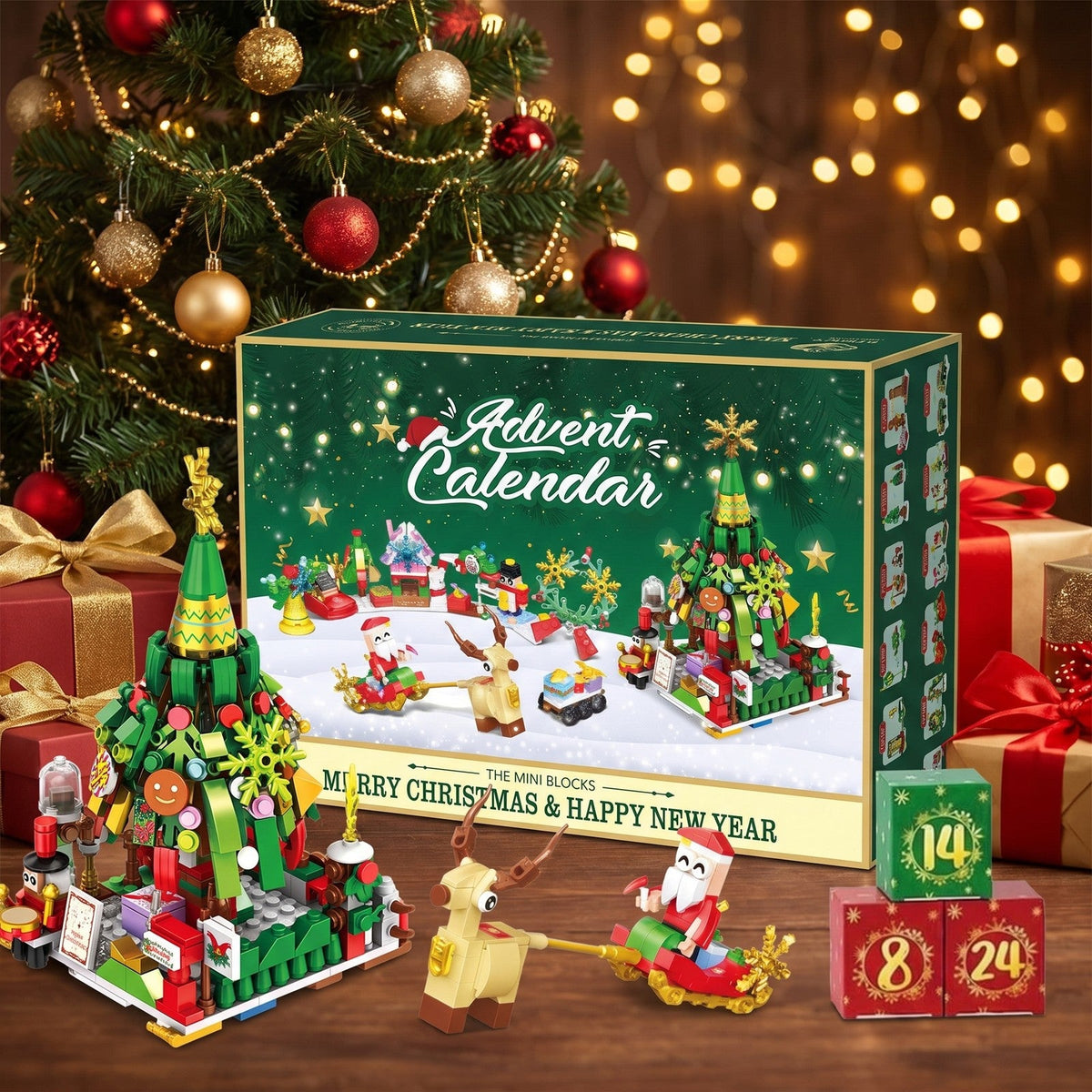 Santa's Sleigh and Christmas Tree Building Block Advent Calendar, Numbered Boxes