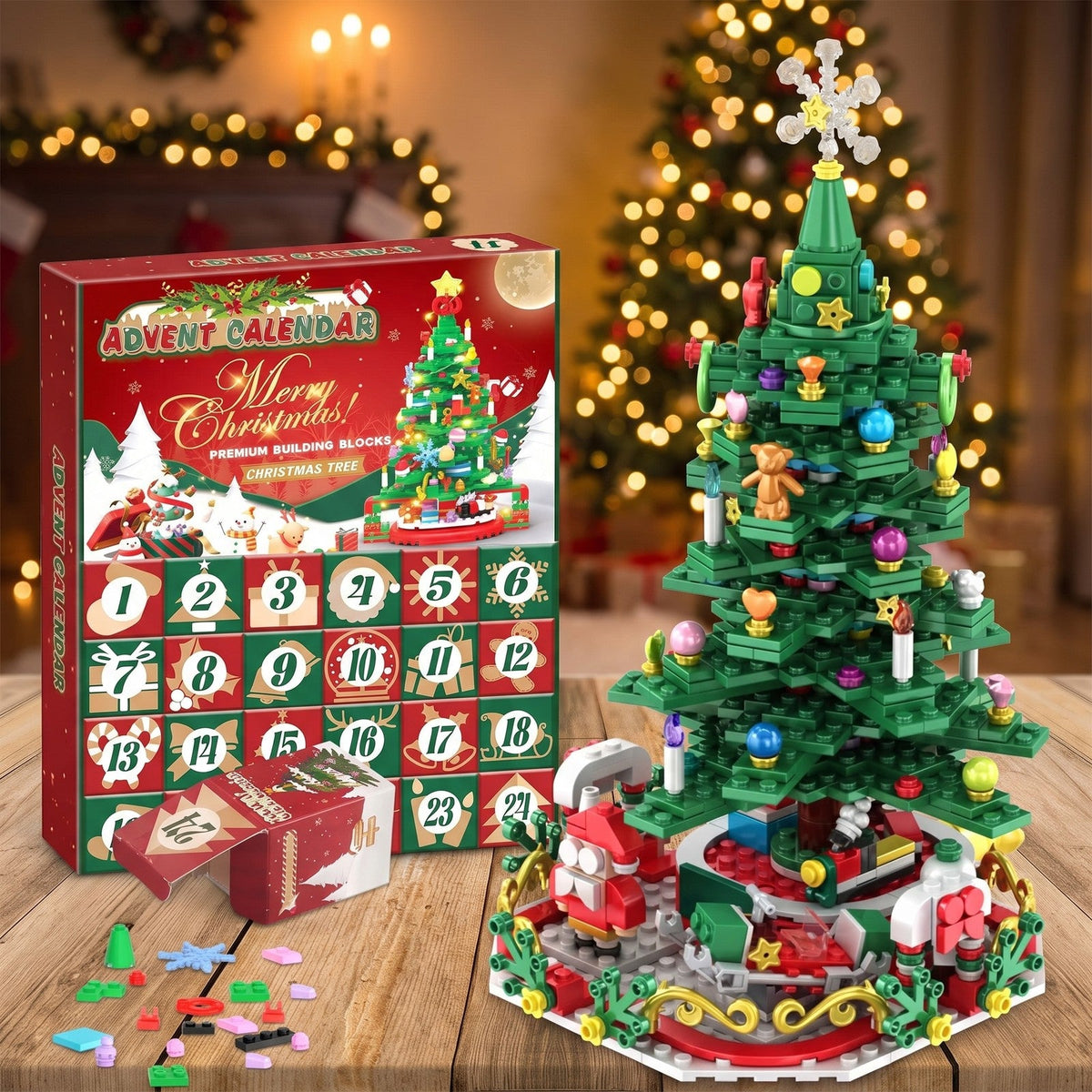 Building Block Christmas Tree Advent Calendar, 24 Numbered Boxes, with String Lights
