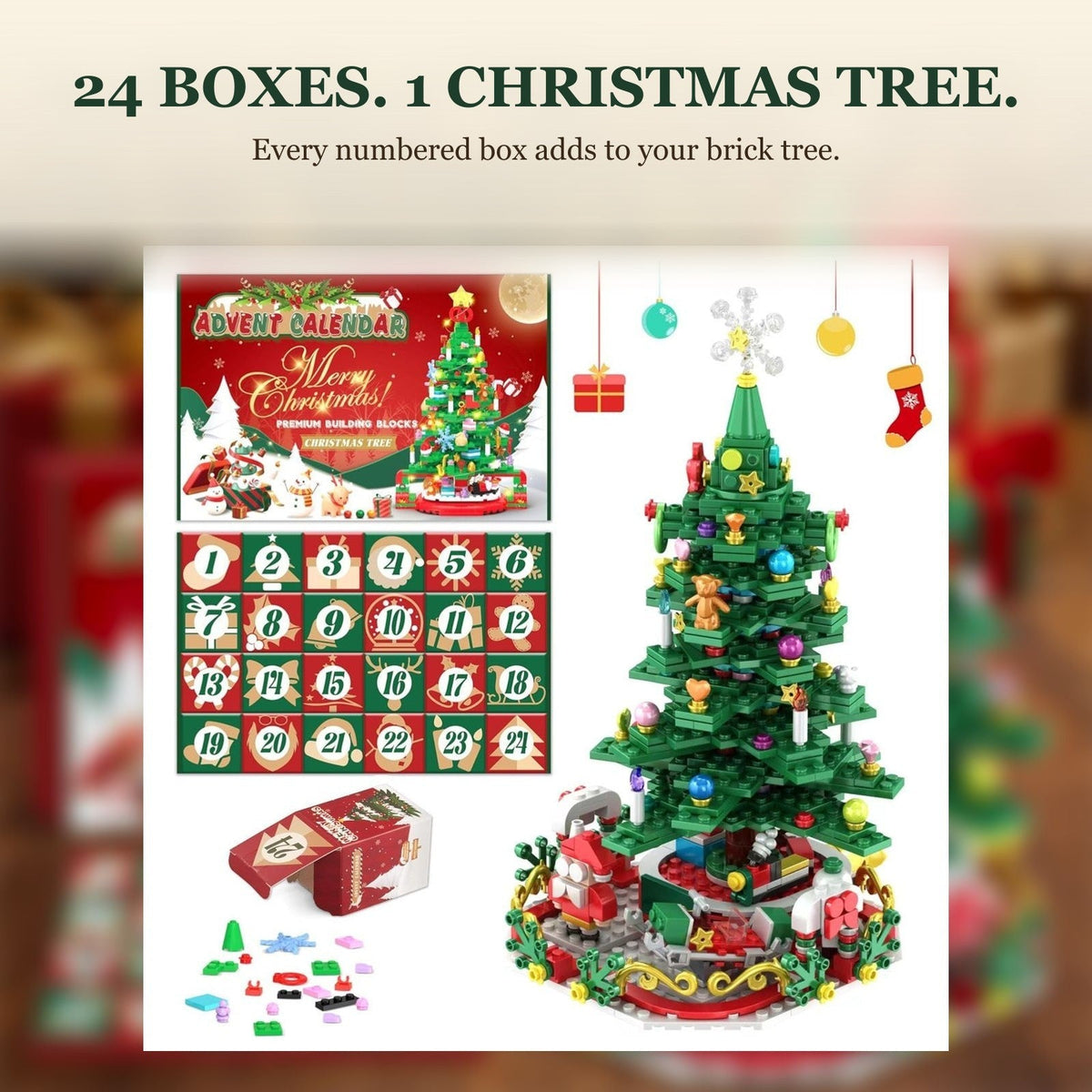 Building Block Christmas Tree Advent Calendar, 24 Numbered Boxes, with String Lights