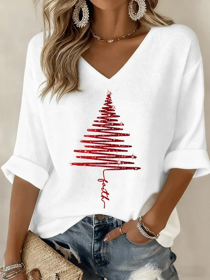 Christmas V-Neck Knit Blouse with Print