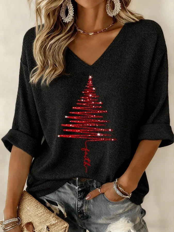 Christmas V-Neck Knit Blouse with Print