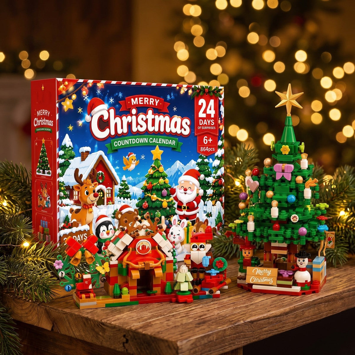 Christmas Scene Building Block Advent Calendar, 864 Pieces, House, Santa and Tree