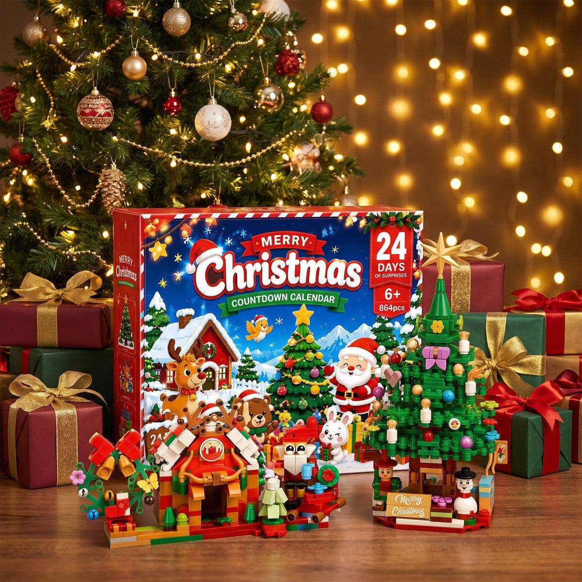 Christmas Scene Building Block Advent Calendar, 864 Pieces, House, Santa and Tree