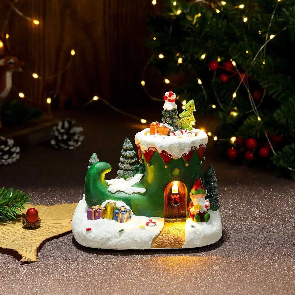 Christmas Village Set with LED Lights and Rotating Miniature Train Display