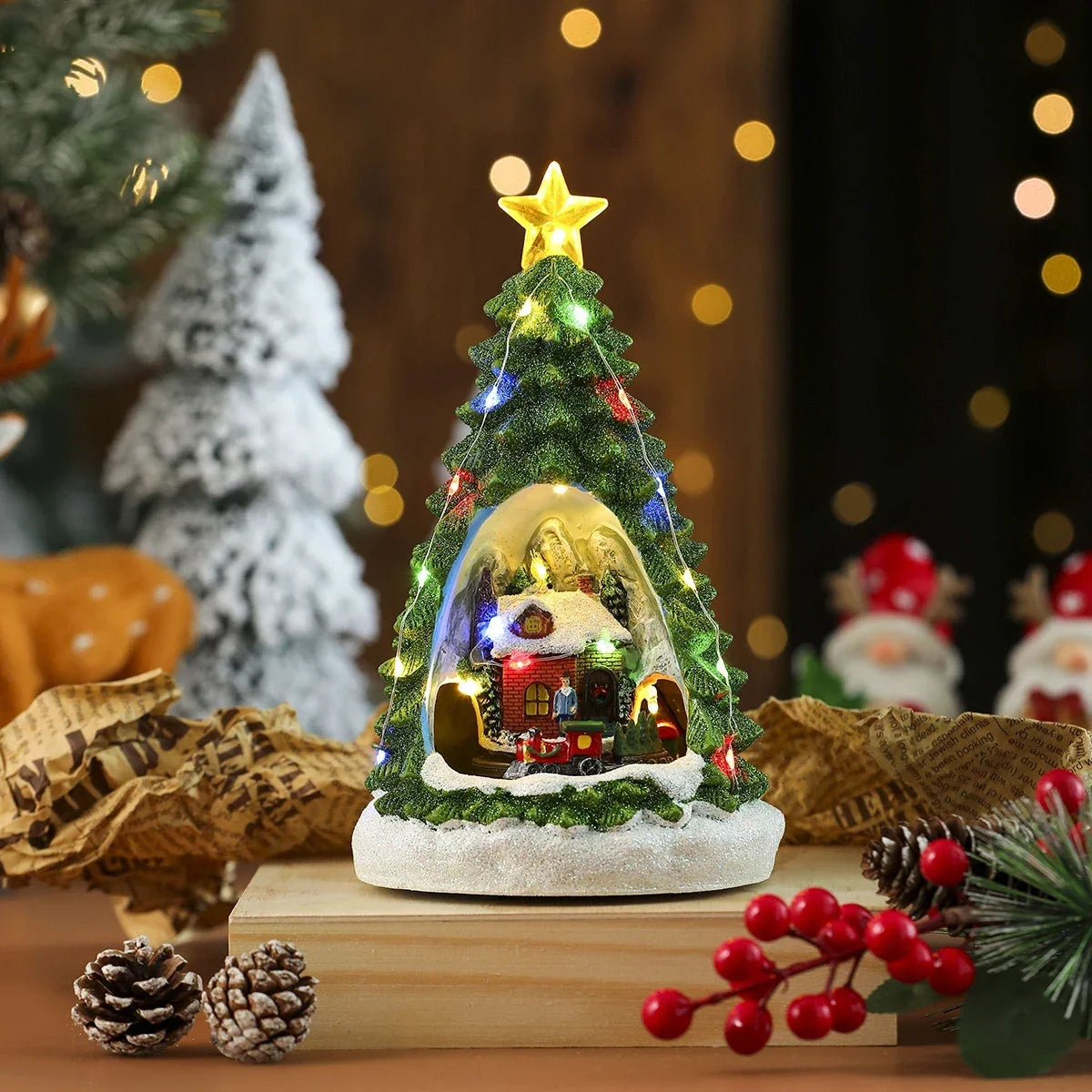 Christmas Village Set with LED Lights and Rotating Miniature Train Display