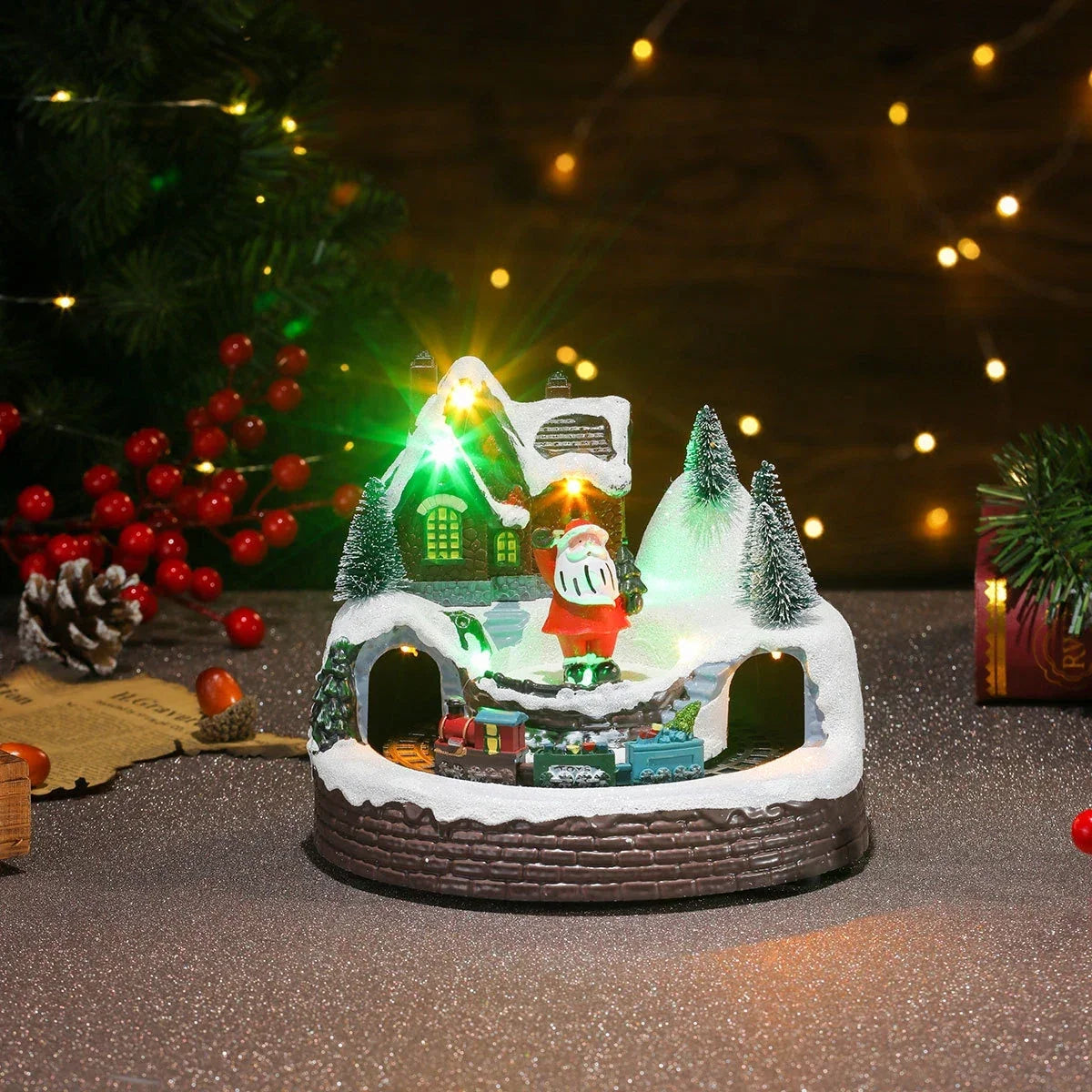 Christmas Village Set with LED Lights and Rotating Miniature Train Display
