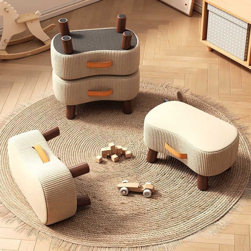 Contemporary Nordic Portable Cuboid Footstool in Synthetic Fabric with Pine Wood, Backless and Armless for Living Room