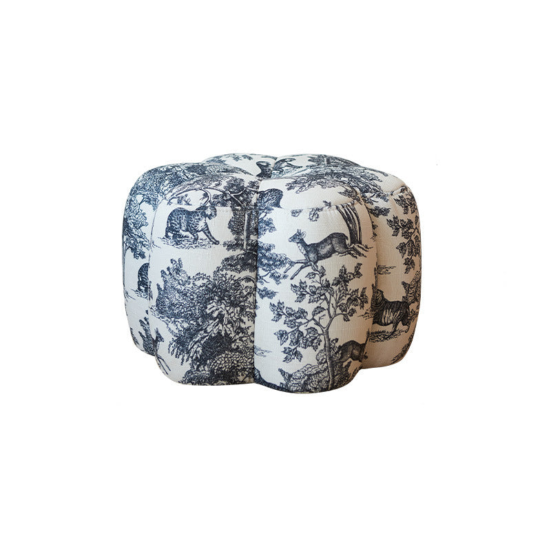 Pouf repose-pieds roulant contemporain rétro en forme de fleur, avec structure en bois de pin, revêtement imitation cuir ciré à l'huile ou ottomane en coton et lin pour le salon