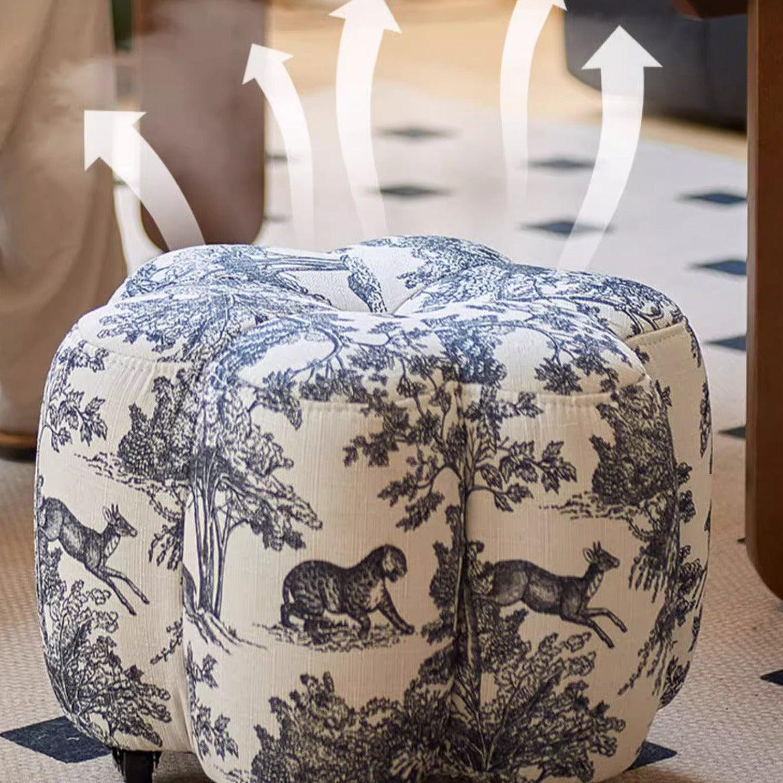 Pouf repose-pieds roulant contemporain rétro en forme de fleur, avec structure en bois de pin, revêtement imitation cuir ciré à l'huile ou ottomane en coton et lin pour le salon