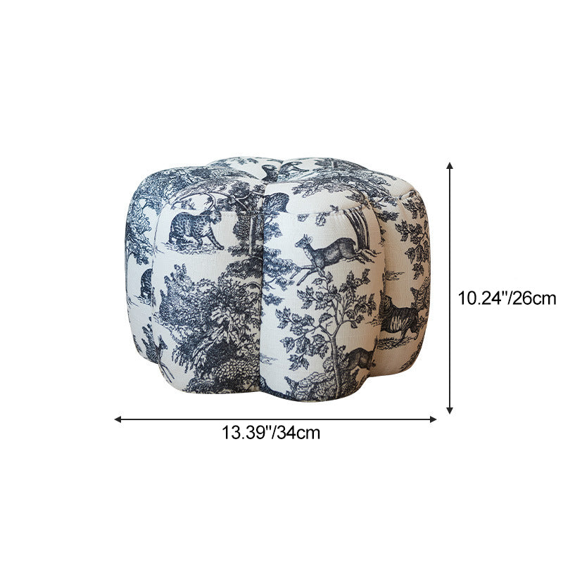 Pouf repose-pieds roulant contemporain rétro en forme de fleur, avec structure en bois de pin, revêtement imitation cuir ciré à l'huile ou ottomane en coton et lin pour le salon