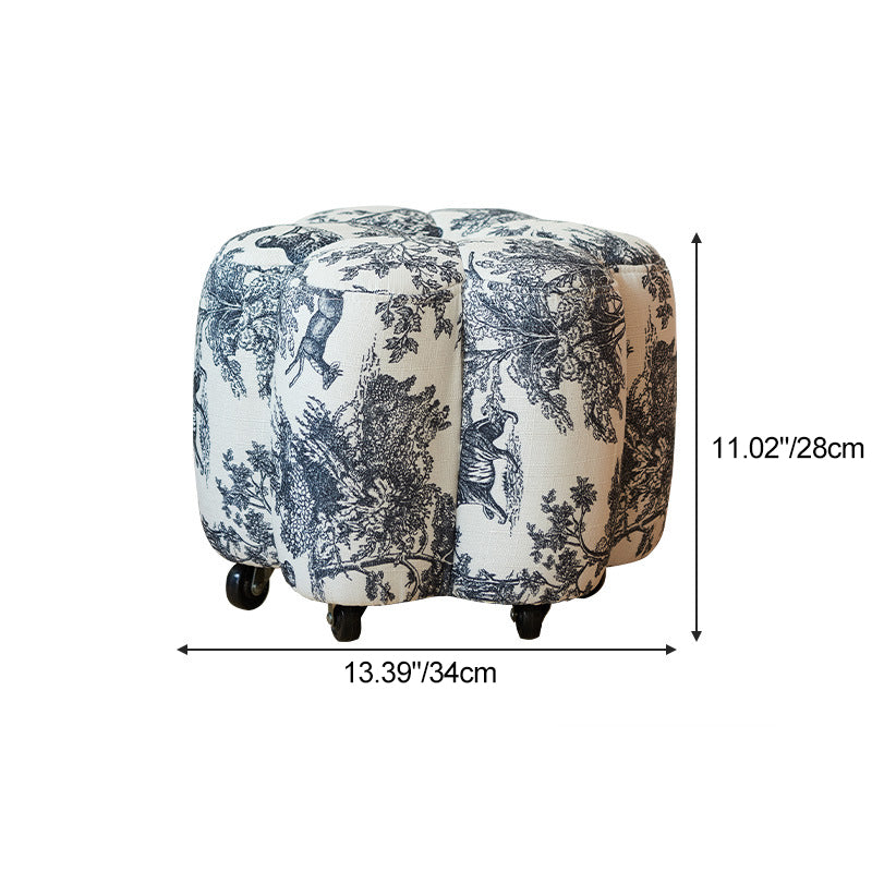 Pouf repose-pieds roulant contemporain rétro en forme de fleur, avec structure en bois de pin, revêtement imitation cuir ciré à l'huile ou ottomane en coton et lin pour le salon