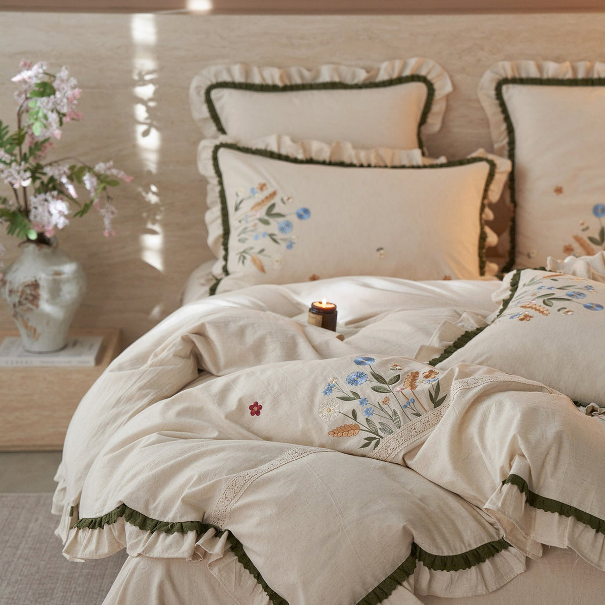 Cotton-Linen Bedding Set with Hand-Embroidered Wildflower Motif and Ruffles