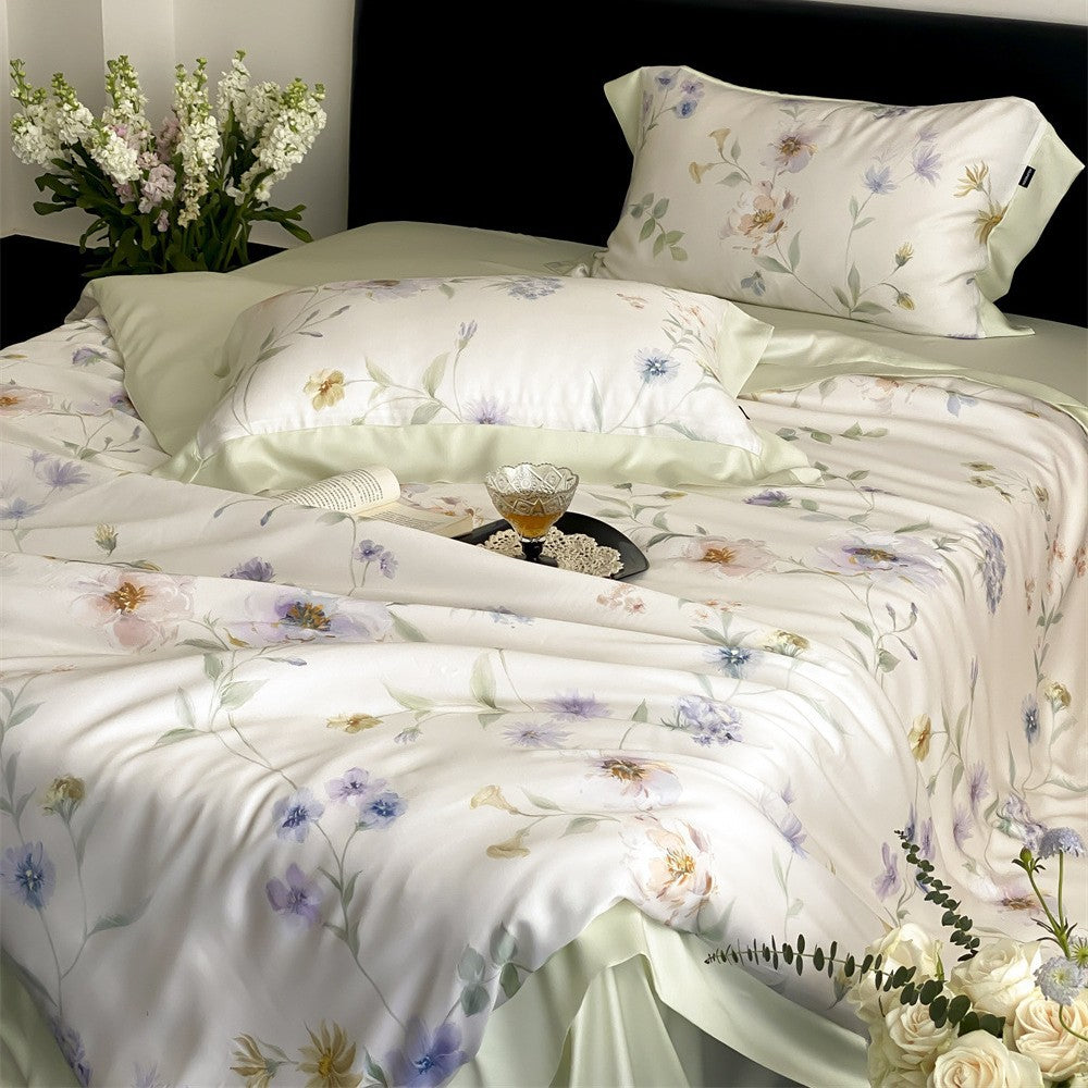 Parure de lit en satin de coton avec imprimé marbré à l’aquarelle et fin ourlet