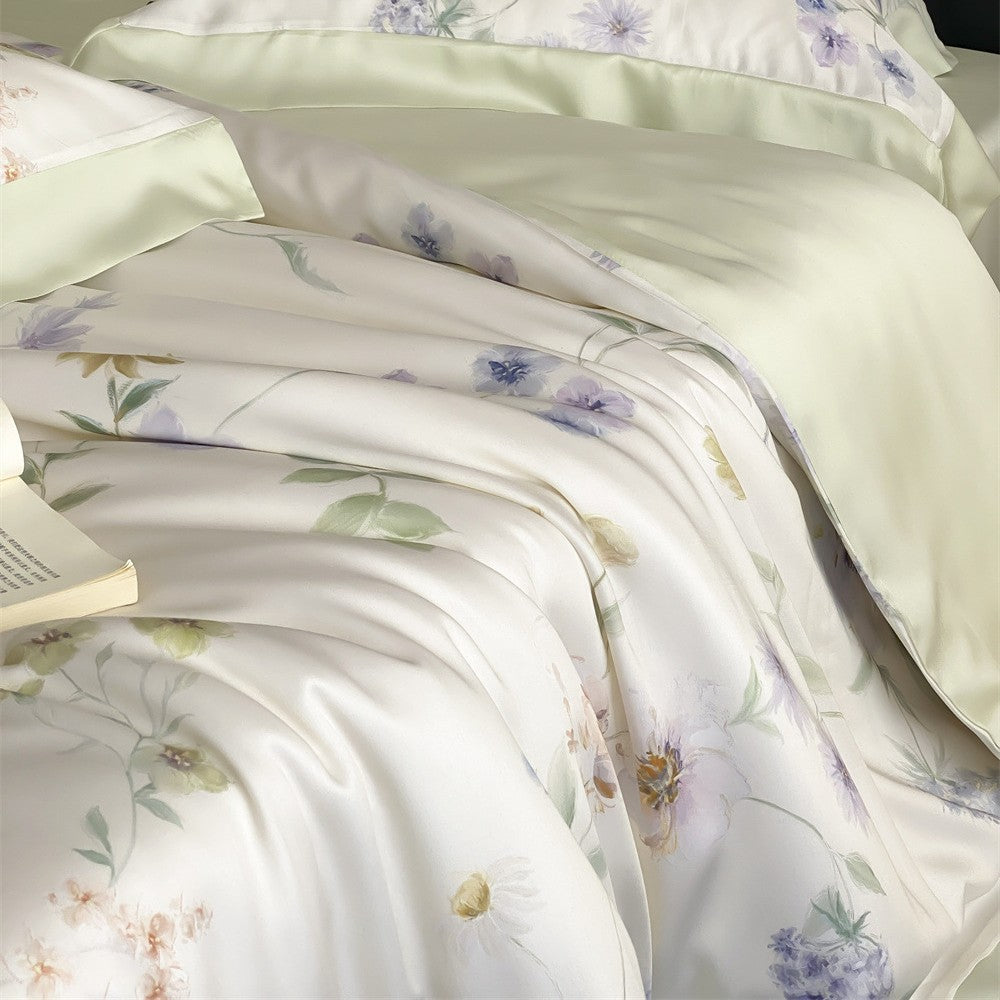 Parure de lit en satin de coton avec imprimé marbré à l’aquarelle et fin ourlet