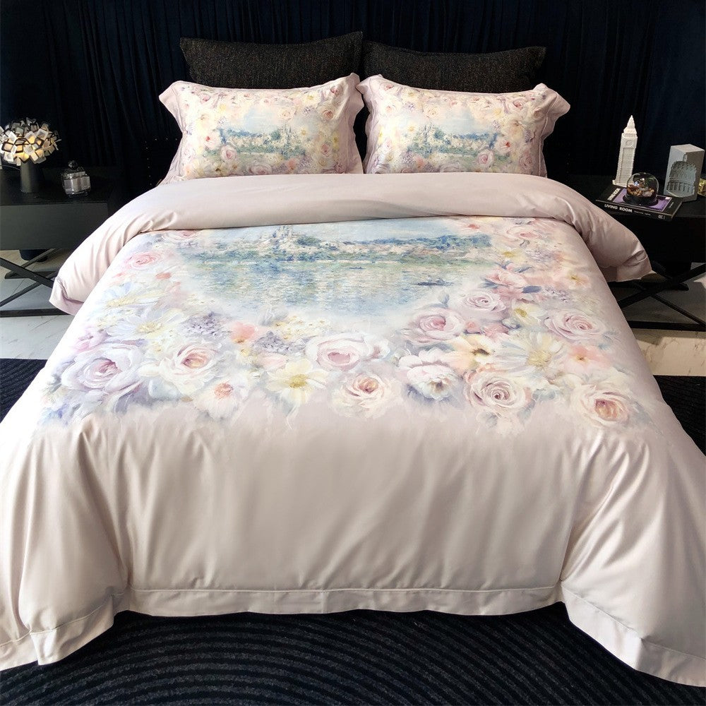 Parure de lit en satin de coton avec imprimé de pivoines à l’aquarelle et bordure en satin