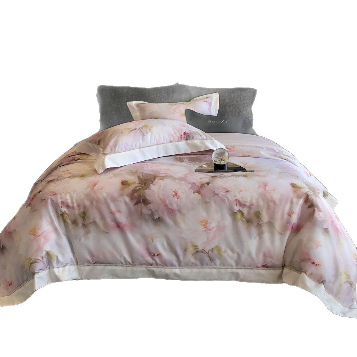 Parure de lit en satin de coton avec imprimé de pivoines à l’aquarelle et bordure en satin