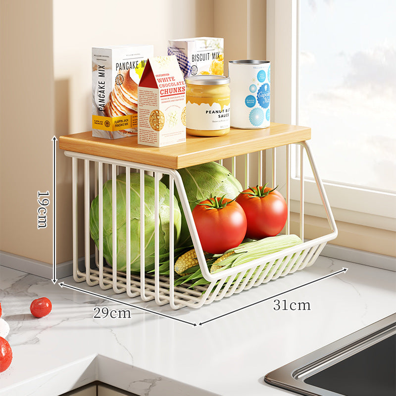 Countertop Metal Wire Fruit and Vegetable Storage Rack with Wooden Top