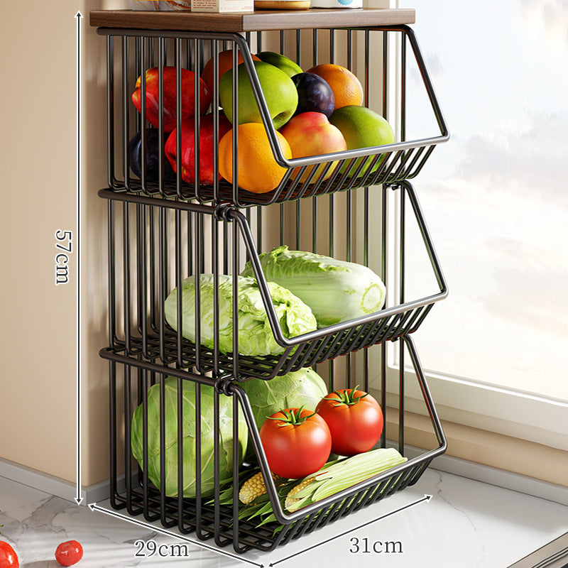 Countertop Metal Wire Fruit and Vegetable Storage Rack with Wooden Top