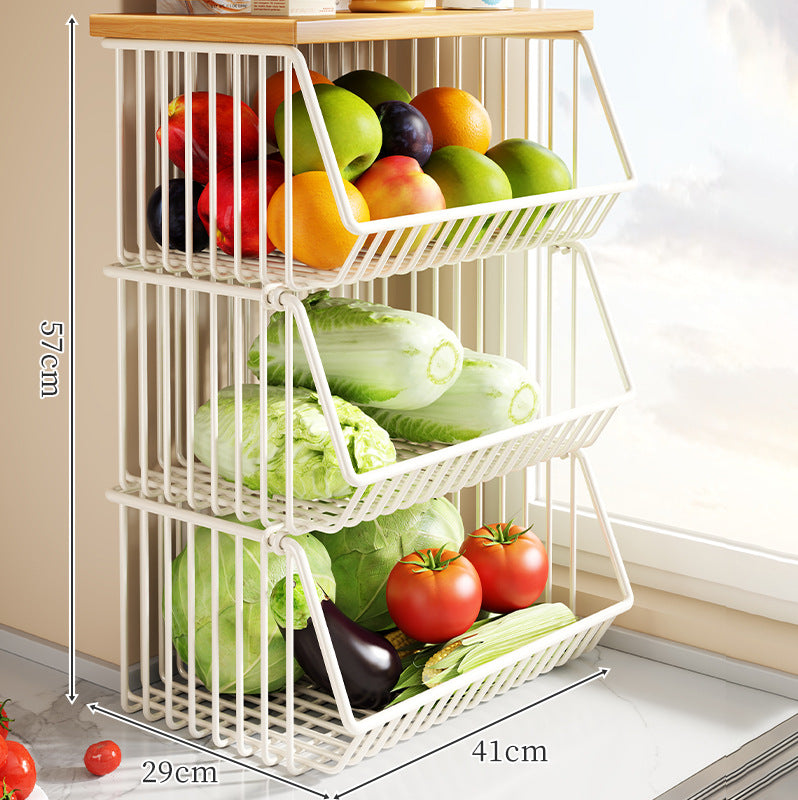 Countertop Metal Wire Fruit and Vegetable Storage Rack with Wooden Top