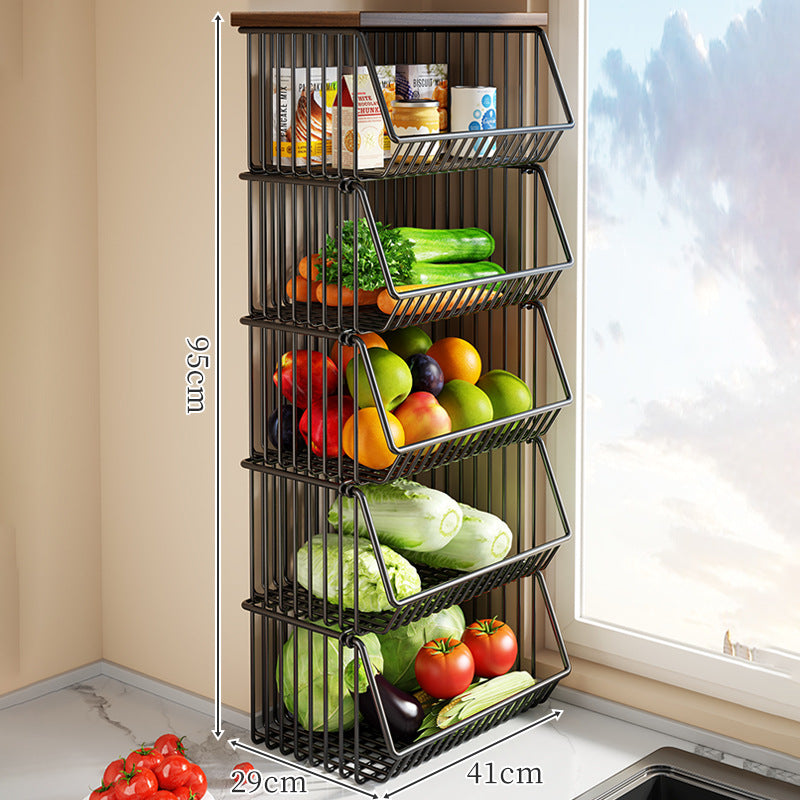 Countertop Metal Wire Fruit and Vegetable Storage Rack with Wooden Top
