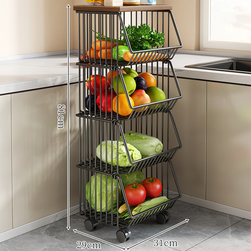 Countertop Metal Wire Fruit and Vegetable Storage Rack with Wooden Top