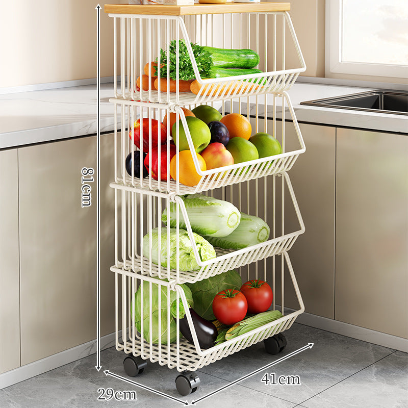 Countertop Metal Wire Fruit and Vegetable Storage Rack with Wooden Top