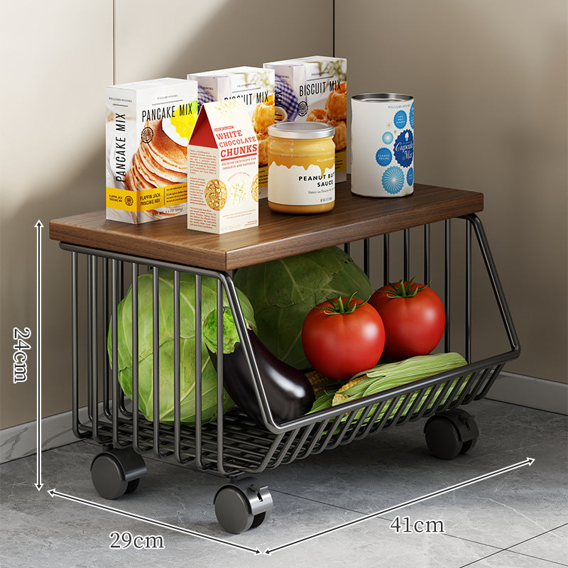 Countertop Metal Wire Fruit and Vegetable Storage Rack with Wooden Top