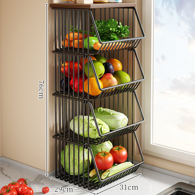 Countertop Metal Wire Fruit and Vegetable Storage Rack with Wooden Top