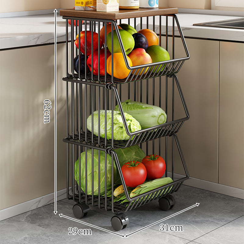 Countertop Metal Wire Fruit and Vegetable Storage Rack with Wooden Top