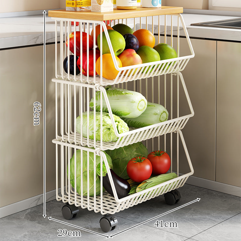 Countertop Metal Wire Fruit and Vegetable Storage Rack with Wooden Top