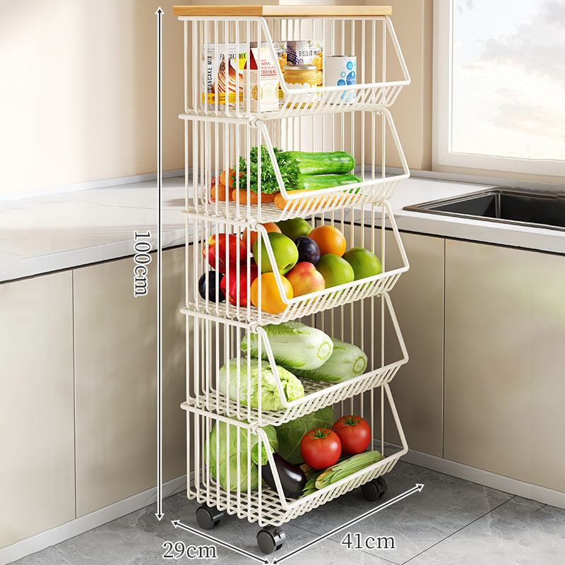 Countertop Metal Wire Fruit and Vegetable Storage Rack with Wooden Top