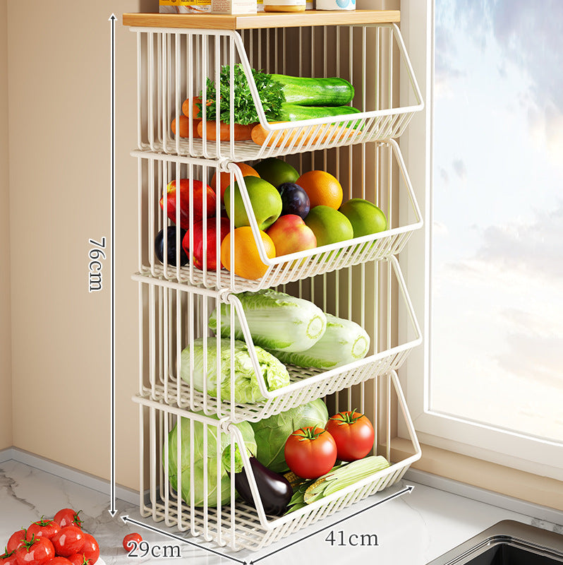 Countertop Metal Wire Fruit and Vegetable Storage Rack with Wooden Top