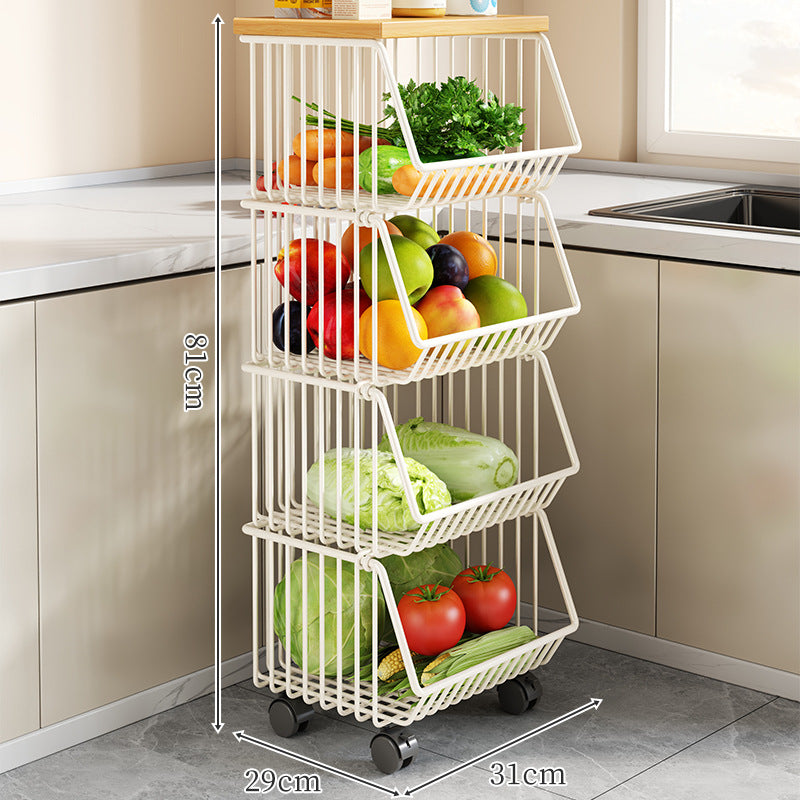Countertop Metal Wire Fruit and Vegetable Storage Rack with Wooden Top