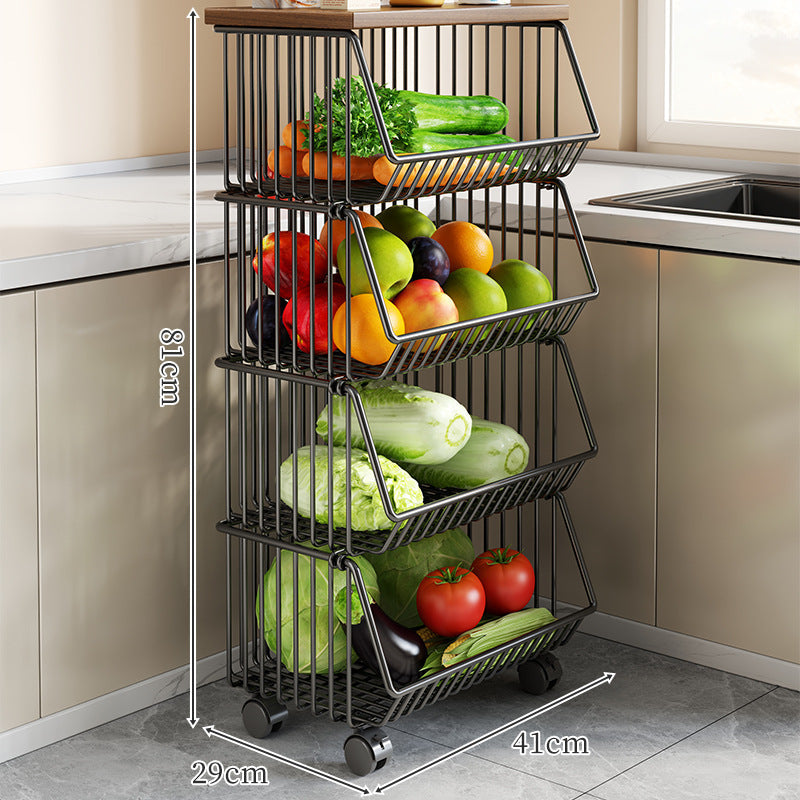 Countertop Metal Wire Fruit and Vegetable Storage Rack with Wooden Top