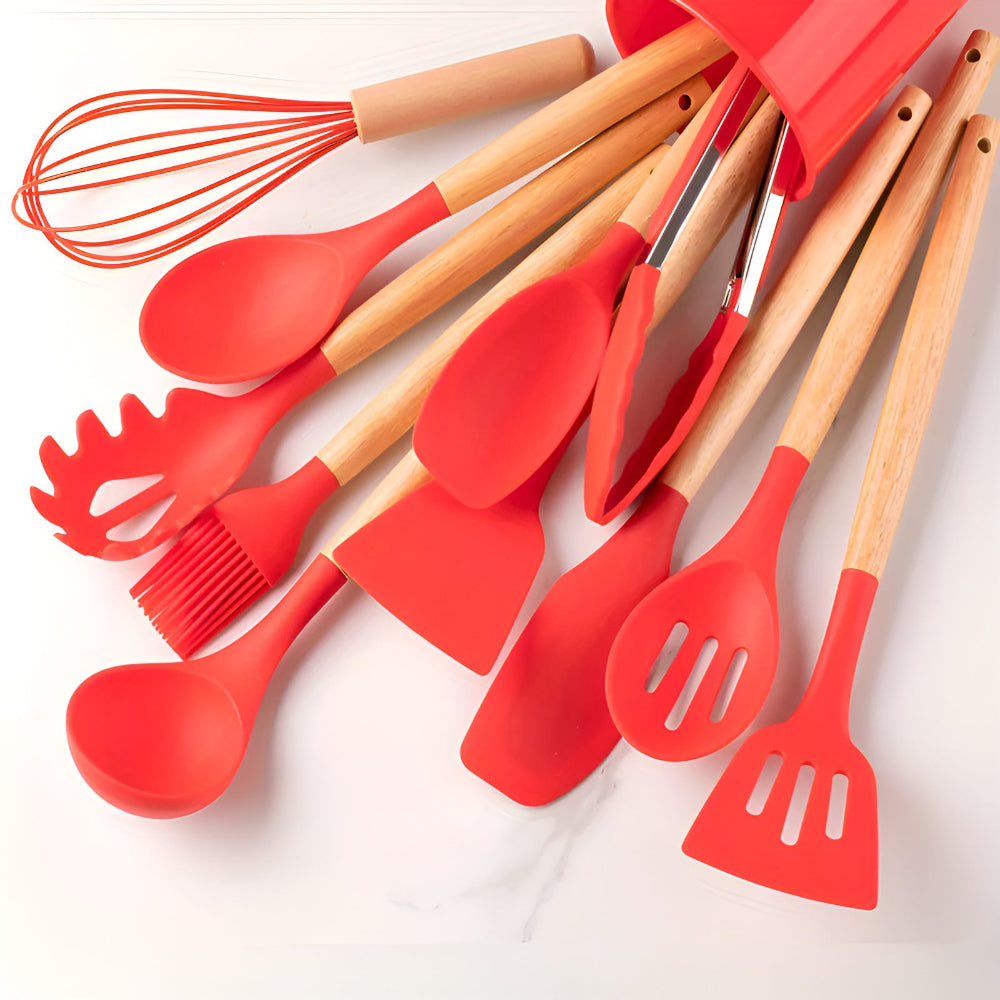 Davy | 12-Piece Silicone Utensil Set with Wood Handles