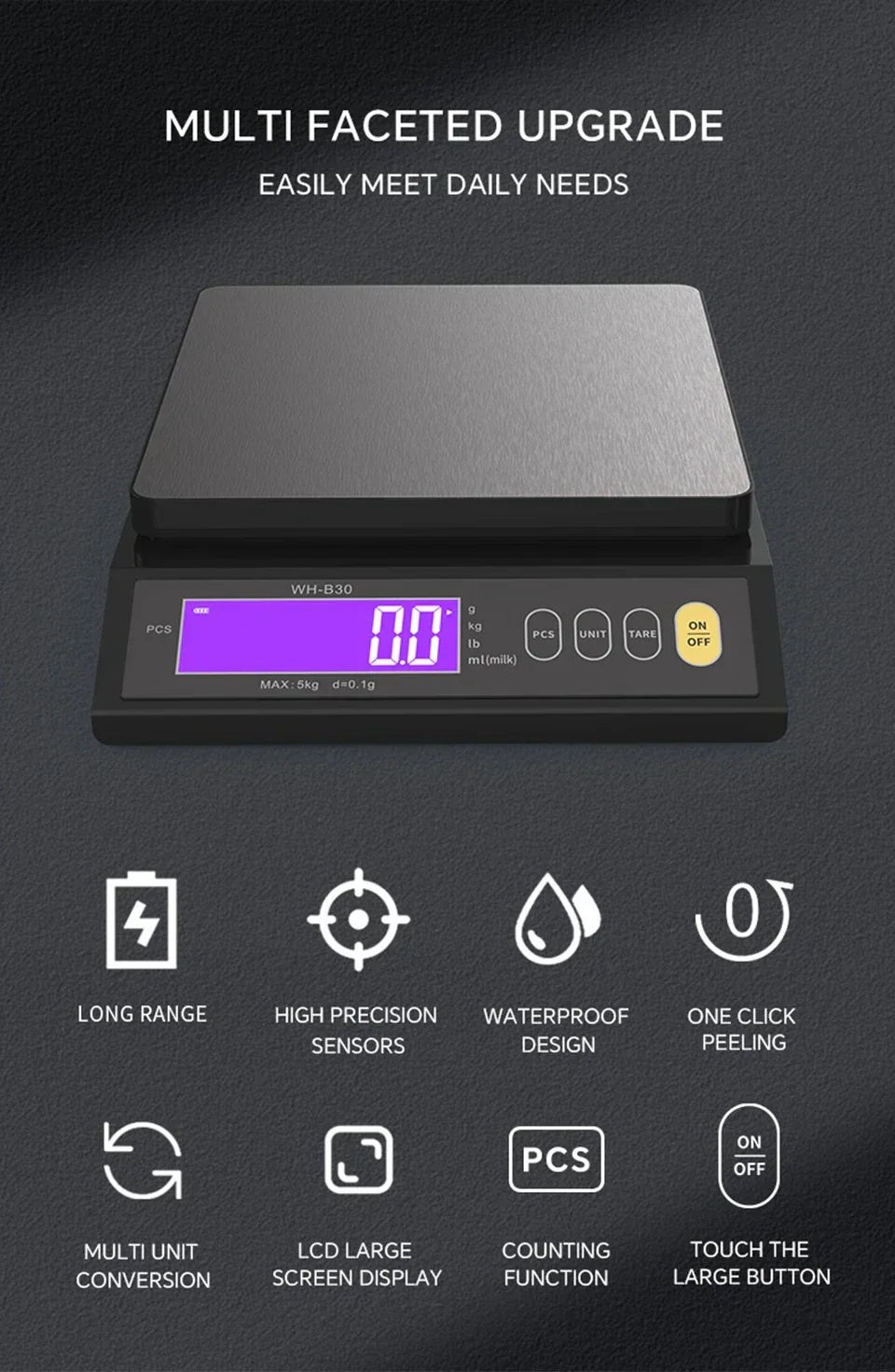Davy | 5 kg/0.1 g and 10 kg/1 g digital electronic kitchen scale, LCD display, fully waterproof stainless steel tool for baking