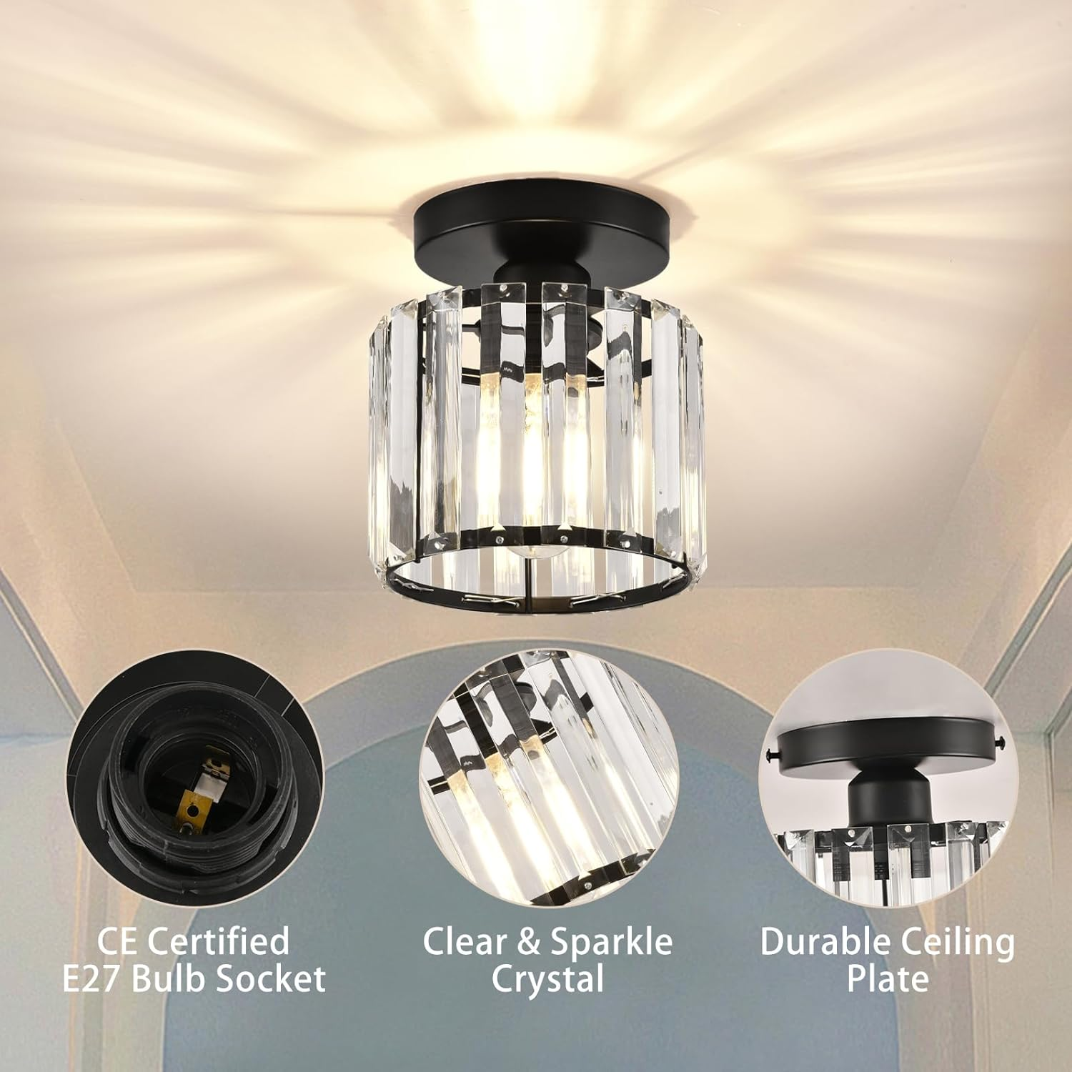 Davy | Crystal Glass Ceiling Lamp – Brass Fixture & Compact Design