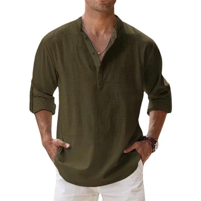 Davy | Men's Linen Henley Shirt with Roll-Up Sleeves