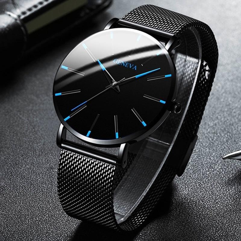 Davy | Men's Minimalist Mesh Band Watch with Blue Accents